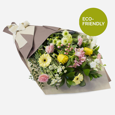 Eden - A soft colour palette of beautiful flowers is wrapped in paper and tied using natural materials. D2F's Eco range has been specially created using fully-biodegradeable or recyclable packaging. Kraft paper, raffia and biodegradeable string, as well as fully-recyclable containers.